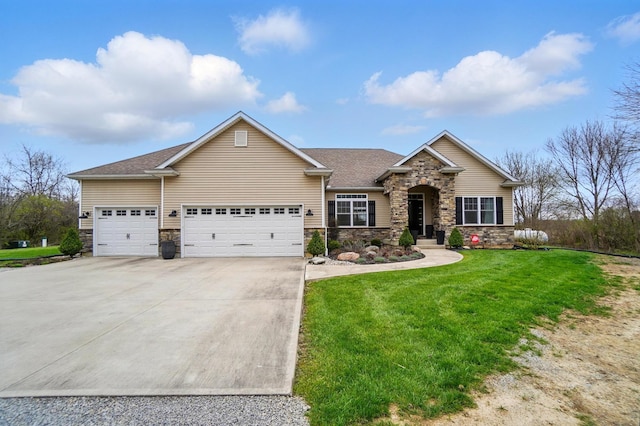 view of front of home with a front yard, stone siding, a garage, and concrete driveway