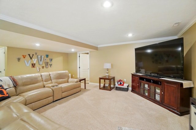 living area with crown molding, baseboards, carpet, and recessed lighting