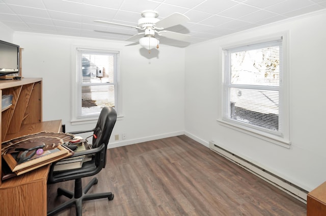 office area featuring a healthy amount of sunlight, baseboards, a baseboard heating unit, and dark wood-type flooring