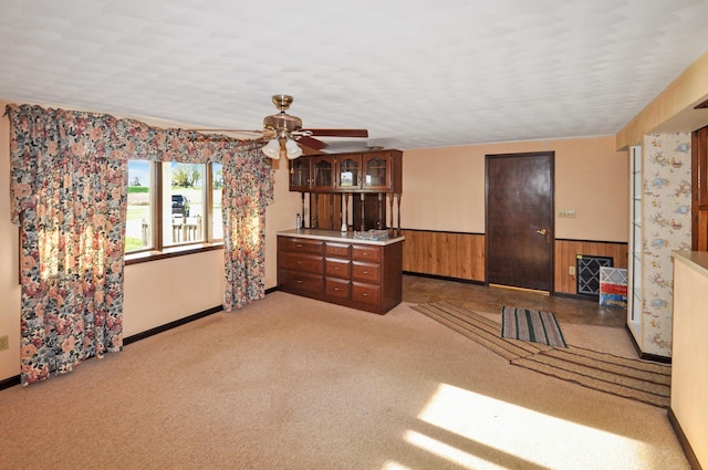 interior space with carpet flooring, ceiling fan, wainscoting, and baseboards