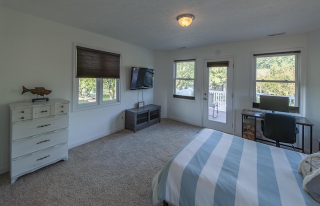 bedroom featuring light carpet, access to outside, visible vents, and baseboards