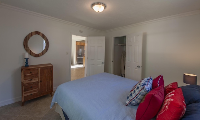 bedroom with ornamental molding, baseboards, and tile patterned floors