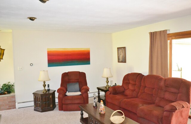 living area featuring carpet and a baseboard radiator