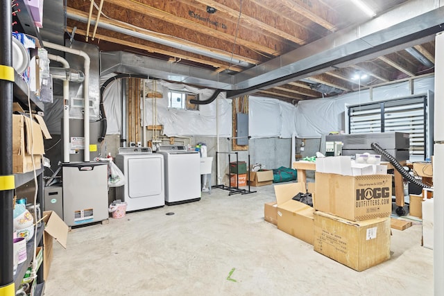 unfinished below grade area with washing machine and dryer, heating unit, and electric panel