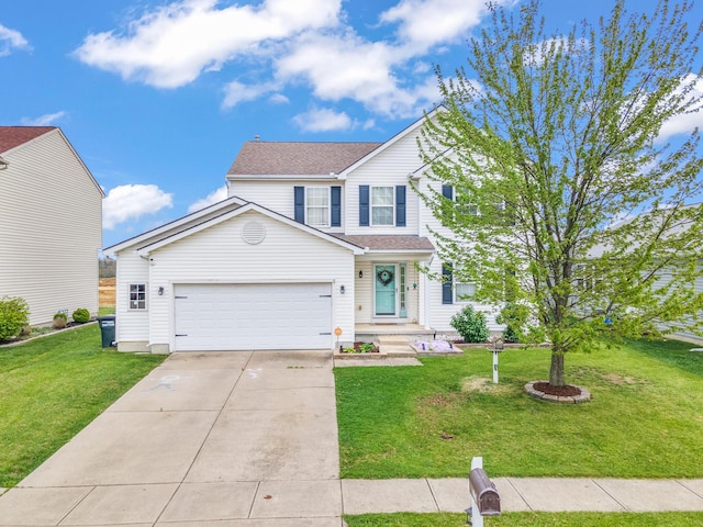 traditional home featuring roof with shingles, concrete driveway, a front yard, and a garage
