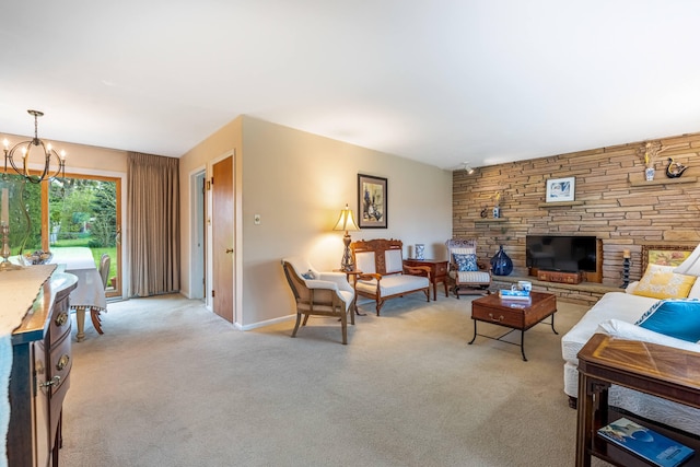 living area featuring light colored carpet and a chandelier