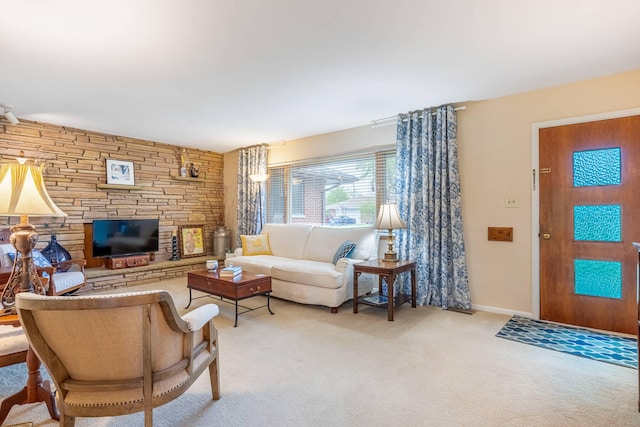 living room with light colored carpet and baseboards