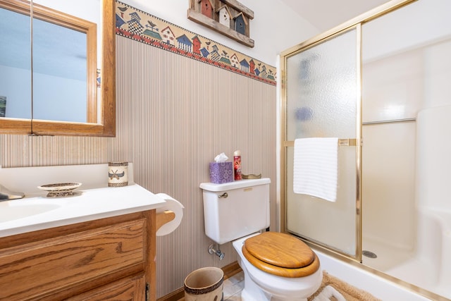8339 Hite Rd, West Liberty, OH 43357 - bathroom featuring wallpapered walls, vanity, a stall shower, and toilet