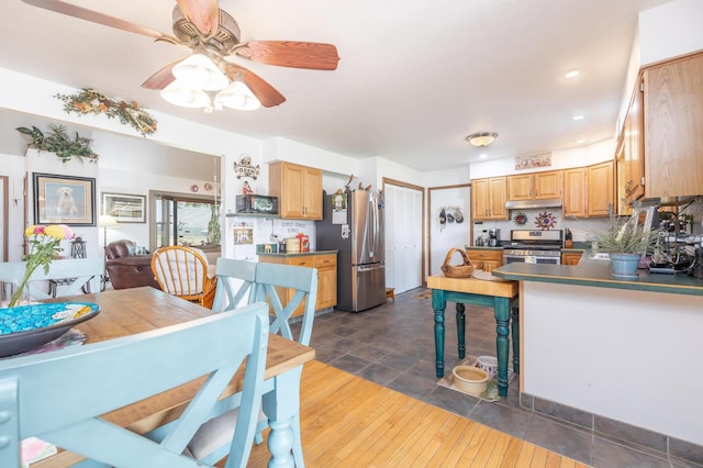 8339 Hite Rd, West Liberty, OH 43357 - kitchen featuring appliances with stainless steel finishes, dark countertops, under cabinet range hood, ceiling fan, and a peninsula