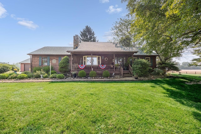 8339 Hite Rd, West Liberty, OH 43357 - view of front facade featuring a chimney, a front lawn, and covered porch