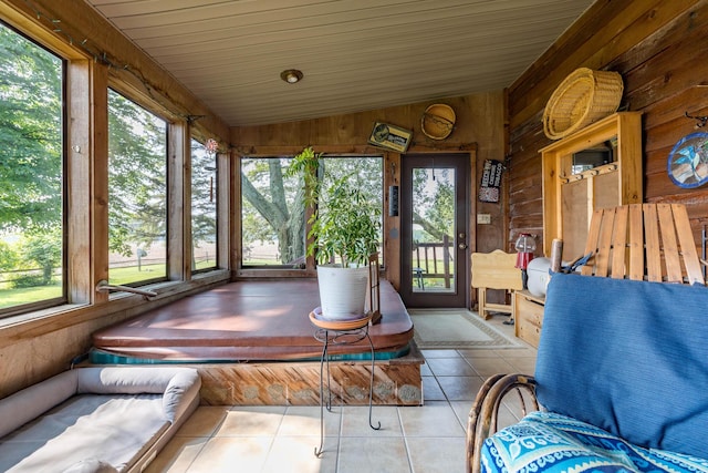8339 Hite Rd, West Liberty, OH 43357 - sunroom featuring lofted ceiling, wooden walls, and tile patterned flooring