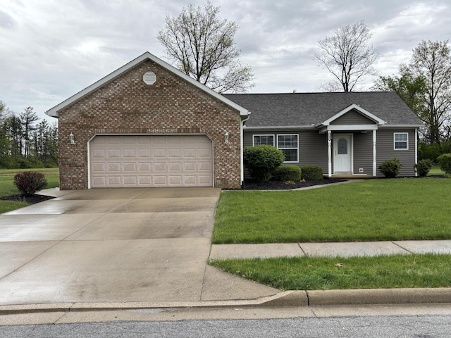ranch-style house with brick siding, a garage, a front lawn, and concrete driveway