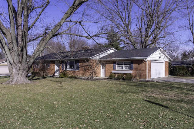 ranch-style home with a garage and a front yard