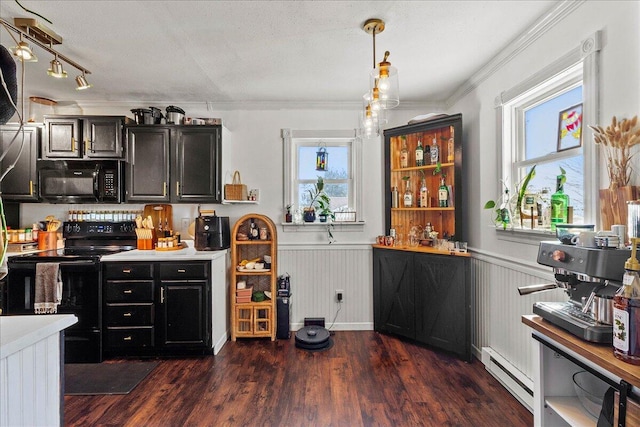 kitchen with a wainscoted wall, dark wood-type flooring, black appliances, a baseboard radiator, and dark cabinets