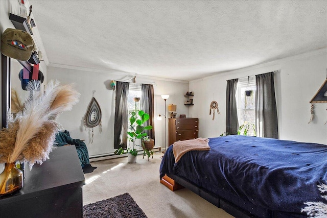 carpeted bedroom with crown molding and a textured ceiling