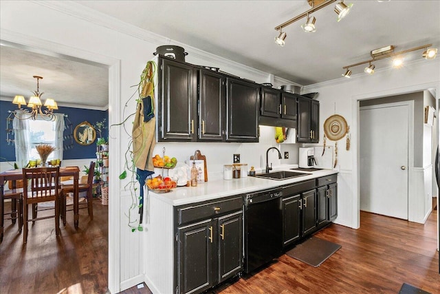 kitchen with ornamental molding, a sink, black dishwasher, dark wood finished floors, and dark cabinets