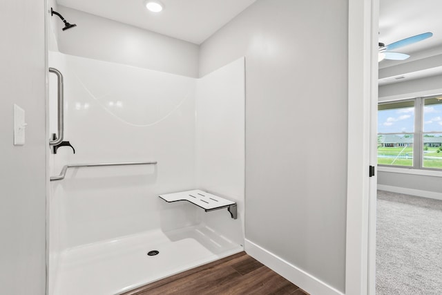 1160 Waterloo St, Troy, OH 45373 - full bath with a shower stall, ceiling fan, and wood finished floors
