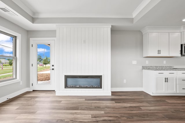 1160 Waterloo St, Troy, OH 45373 - unfurnished living room featuring dark wood-style flooring, a fireplace, and a raised ceiling