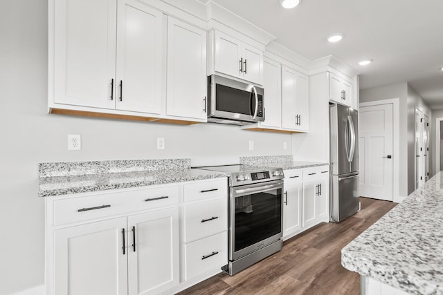 1160 Waterloo St, Troy, OH 45373 - kitchen with appliances with stainless steel finishes, white cabinetry, dark wood finished floors, recessed lighting, and light stone counters