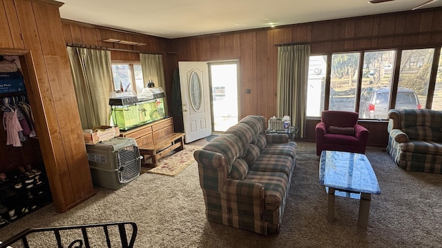 living room featuring wood walls and carpet flooring