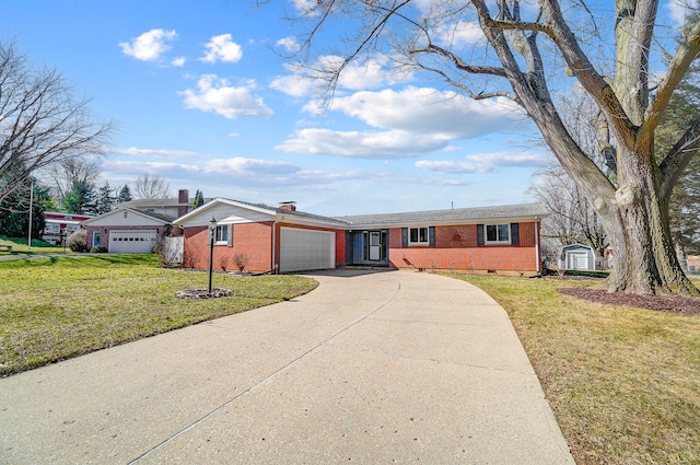 ranch-style home with a garage, driveway, a chimney, a front lawn, and brick siding