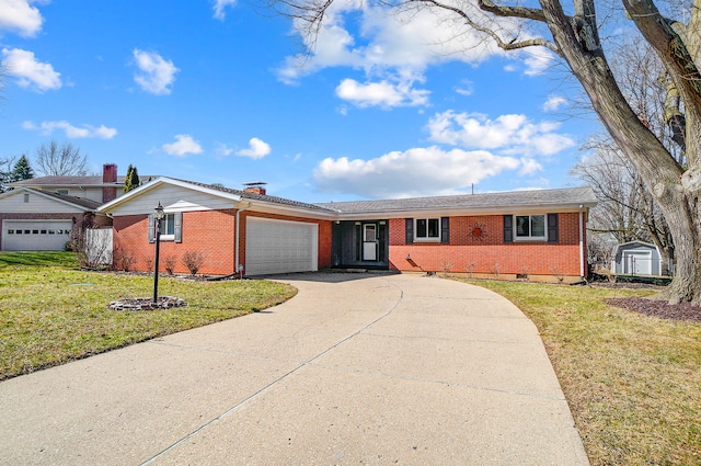 ranch-style house featuring a garage, concrete driveway, brick siding, and a front lawn