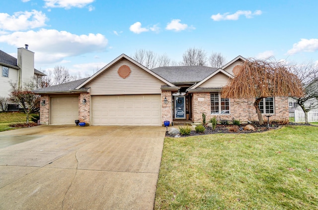 ranch-style house featuring a shingled roof, concrete driveway, an attached garage, a front lawn, and brick siding