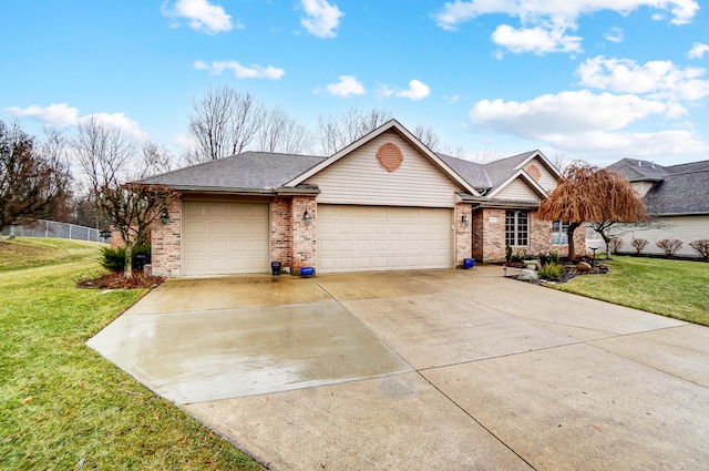 single story home with a garage, driveway, roof with shingles, a front yard, and brick siding