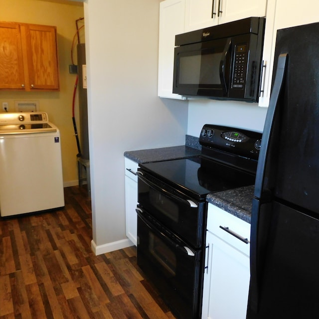 3210 Red Feather Rd, Sidney, OH 45365 - kitchen with white cabinets, dark wood-style flooring, baseboards, black appliances, and washer / dryer