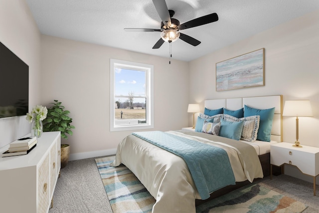 carpeted bedroom featuring a textured ceiling, baseboards, and ceiling fan