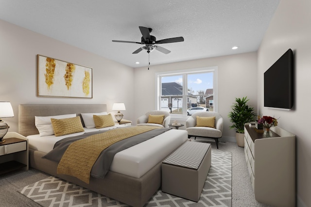 bedroom with recessed lighting, ceiling fan, and light carpet