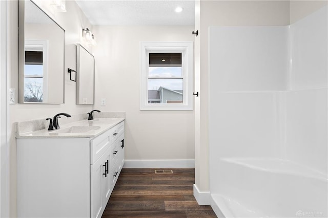 bathroom with wood-type flooring and vanity