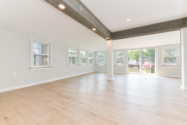 127 Brads Way, Russells Point, OH 43348 - unfurnished room featuring beamed ceiling, light wood-style floors, ornate columns, recessed lighting, and crown molding