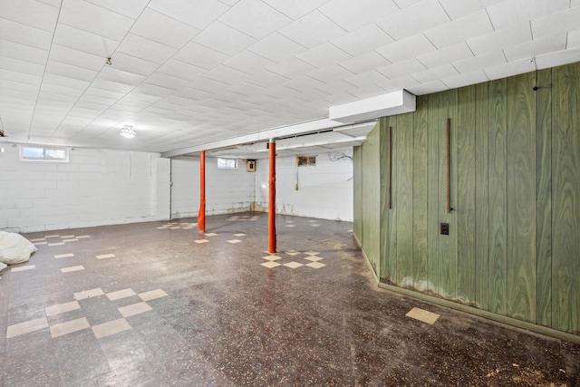 basement with concrete block wall and wood walls