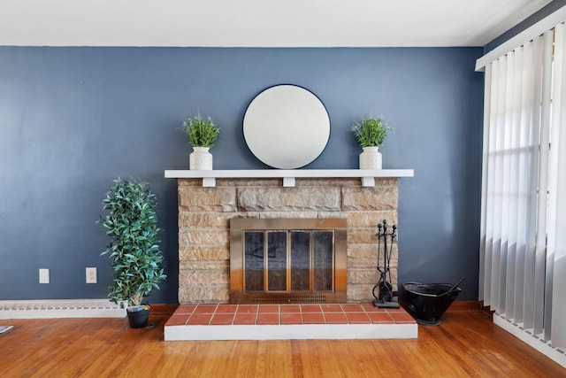 interior space with a glass covered fireplace and wood finished floors