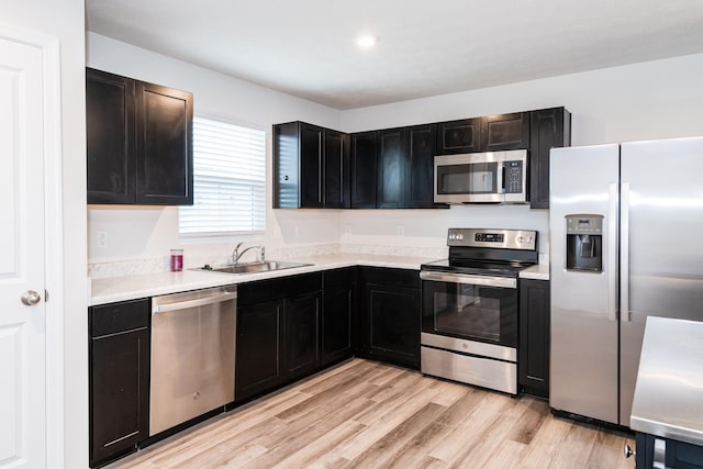 kitchen with a sink, dark cabinetry, light wood-style floors, and stainless steel appliances