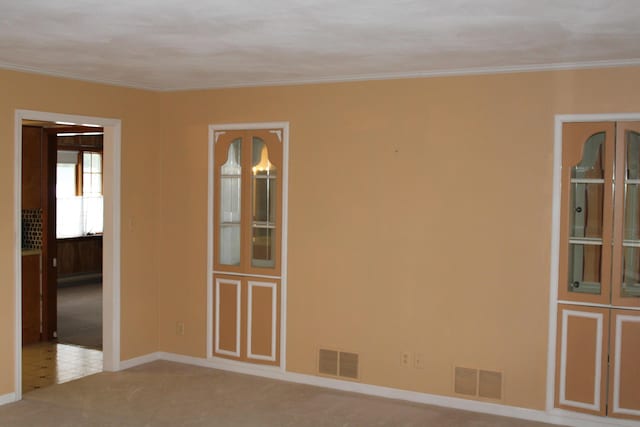 carpeted empty room featuring ornamental molding and a baseboard radiator