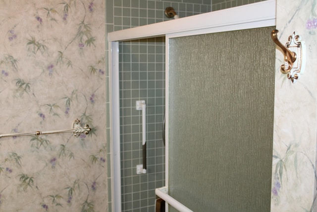 bathroom with a shower with shower door