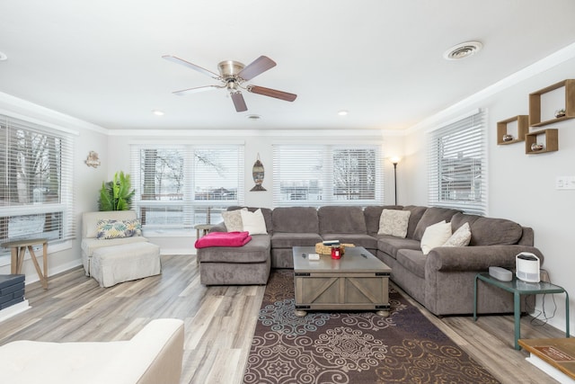 living area featuring light wood-style floors, a wealth of natural light, visible vents, and crown molding