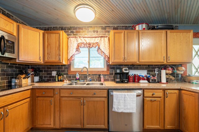 302 N W St, Arcanum, OH 45304 - kitchen featuring stainless steel appliances, tasteful backsplash, light countertops, and wood ceiling
