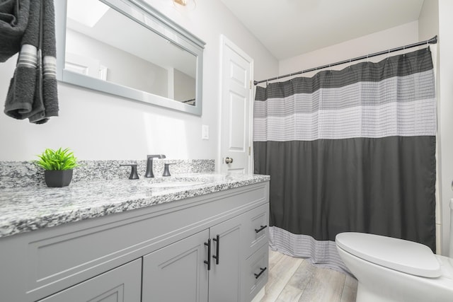 11531 Circle Dr, Lakeview, OH 43331 - full bathroom with vanity, wood finished floors, and a shower with curtain