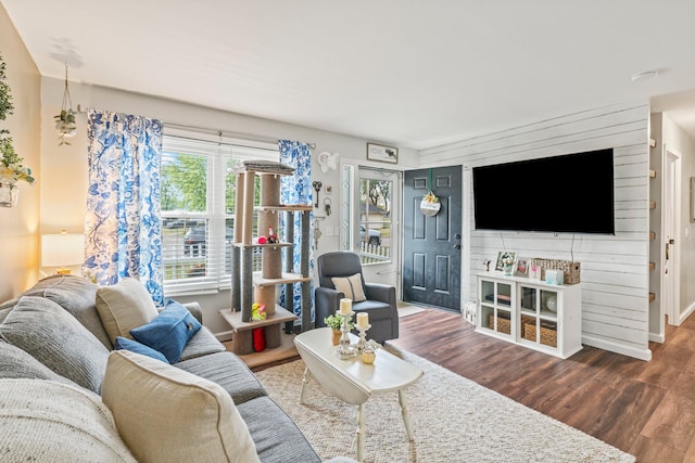 living room with dark hardwood / wood-style flooring