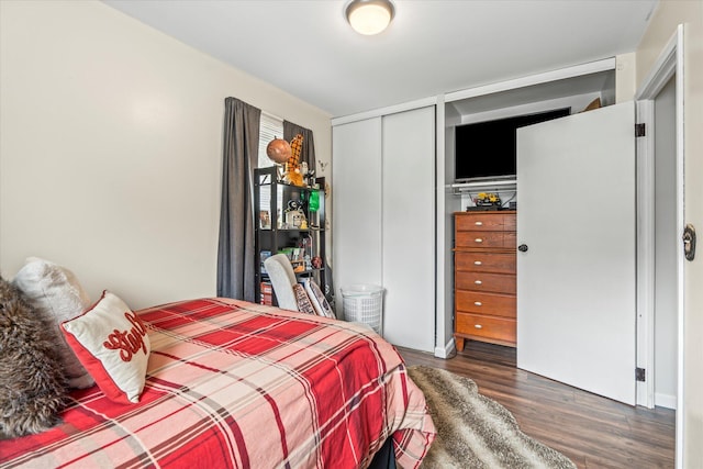 bedroom featuring dark hardwood / wood-style flooring and a closet