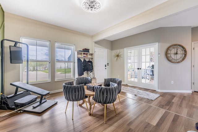 sitting room with baseboards, wood finished floors, french doors, and plenty of natural light