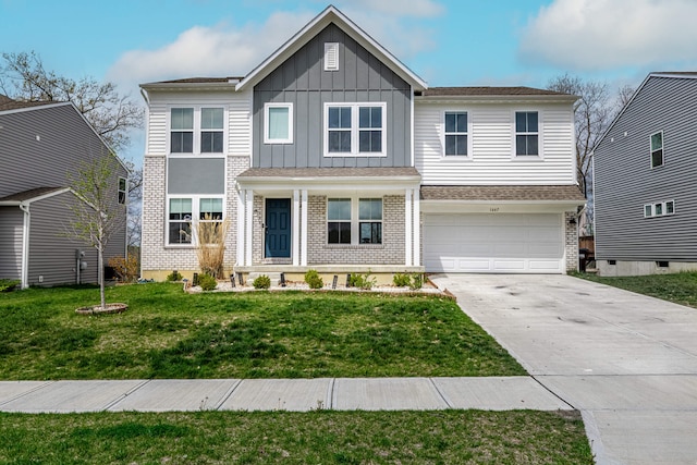 craftsman inspired home with board and batten siding, brick siding, a garage, a front lawn, and concrete driveway