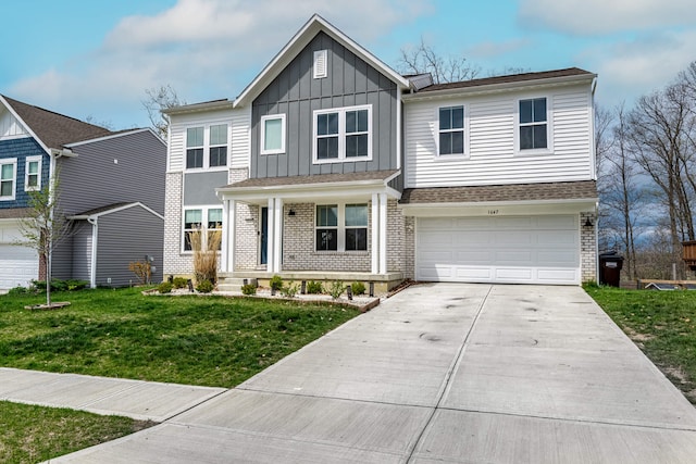 craftsman-style house featuring driveway, an attached garage, board and batten siding, and brick siding