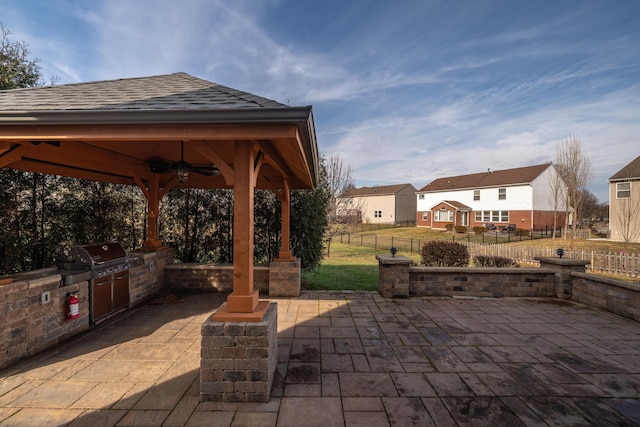 view of patio / terrace with grilling area, a gazebo, area for grilling, and ceiling fan