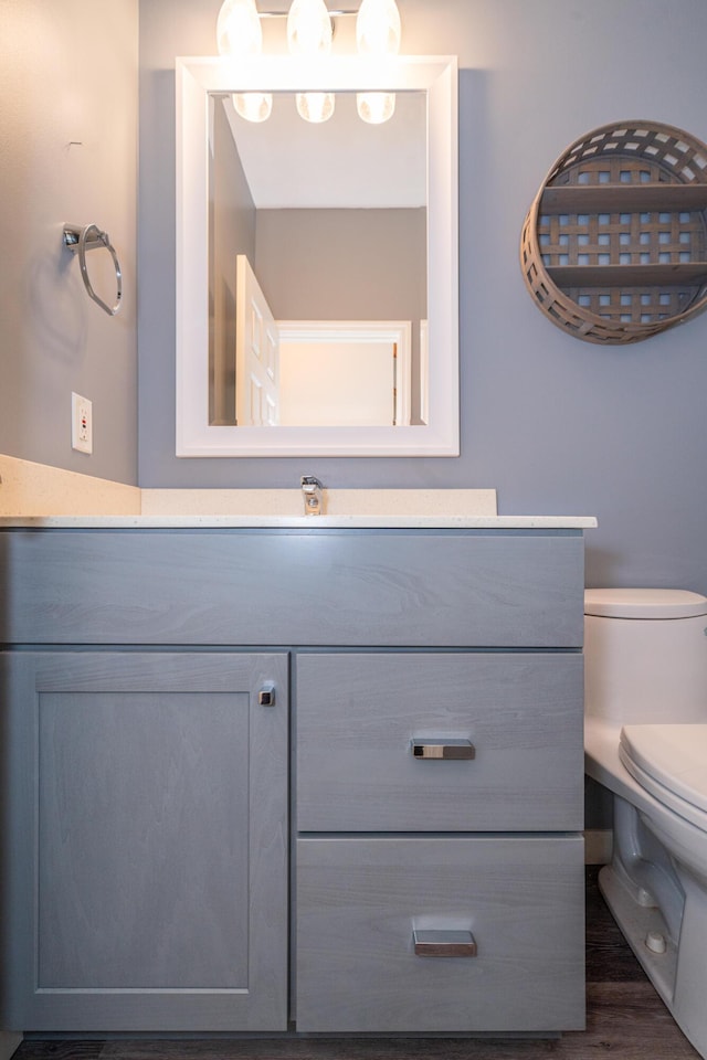 bathroom featuring vanity, hardwood / wood-style floors, and toilet