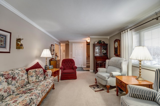 carpeted living area with crown molding