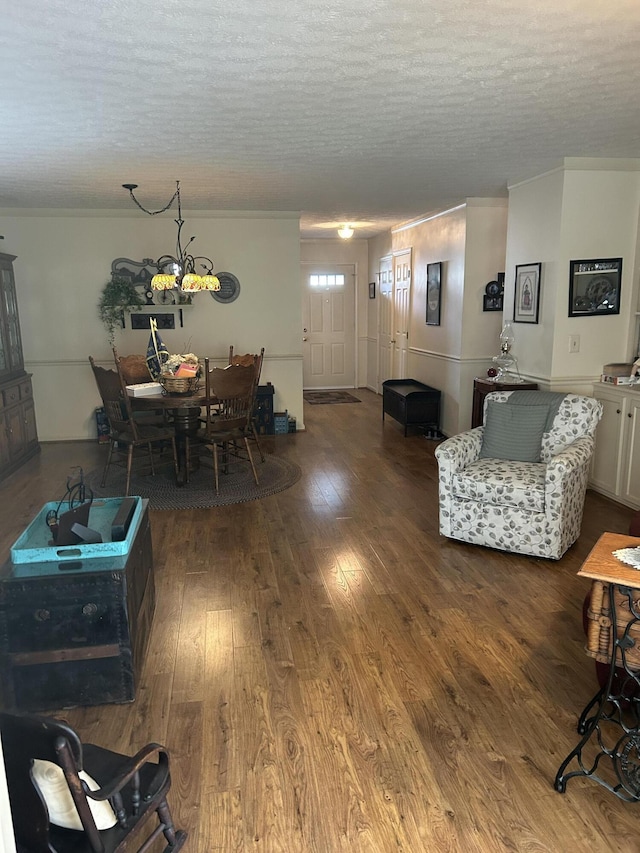 living room featuring dark hardwood / wood-style flooring and a textured ceiling